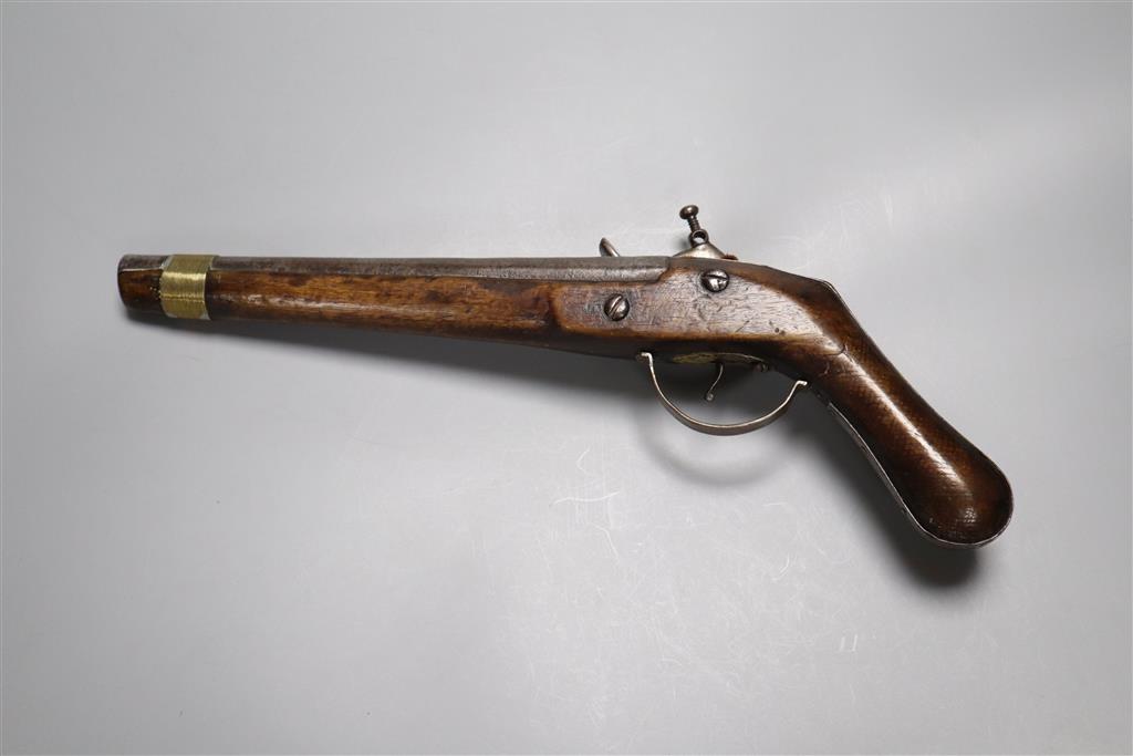 A late 18th century flintlock holster pistol, with walnut stock, 37cm long